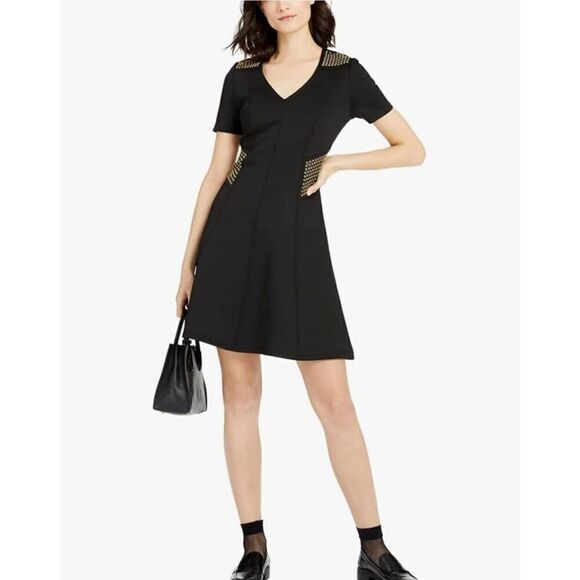 Michael Kors Black Stretch Poly/Elasthane Fit and Flare Dress with Grommet Detai - Picture 1 of 14